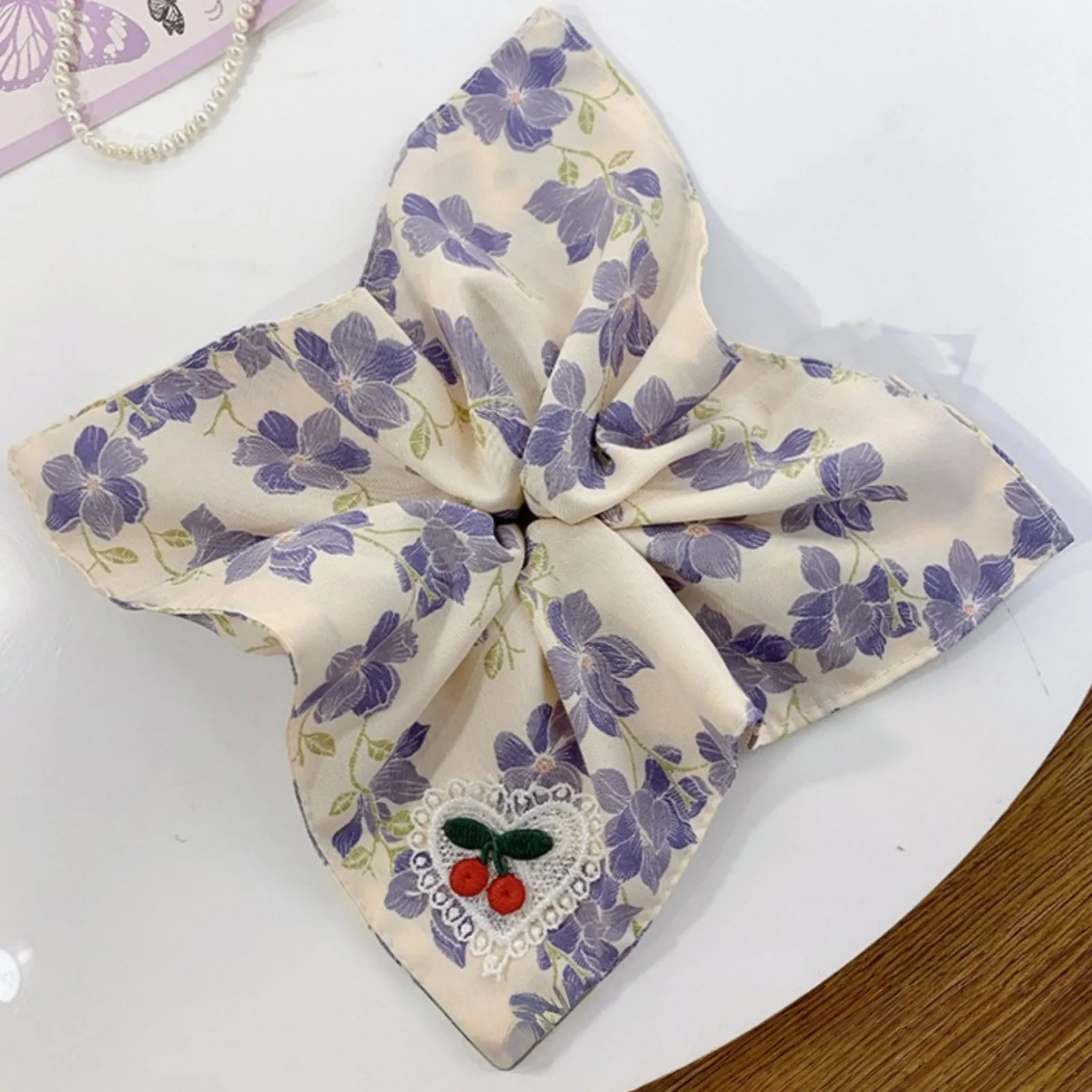 1PC Floral Print Hair Scrunchie With Cherry Lace Patch, Sweet And Elegant Hair Accessory For Women