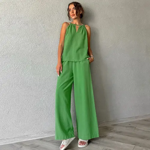 2026 Spring and Summer Casual Khaki Cotton and Linen Suit Women's Vacation Style Loose Neck Vest Trousers Two-piece Set - Image 3