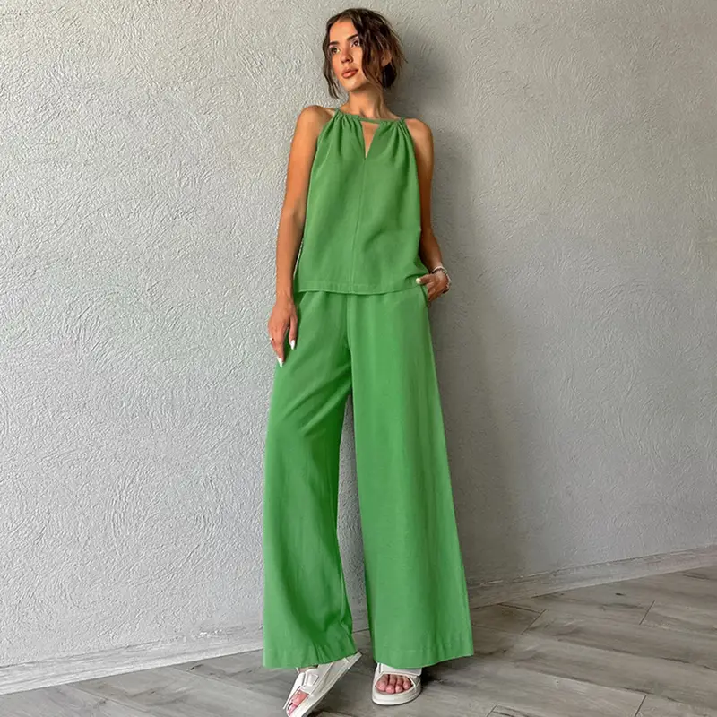 2026 Spring and Summer Casual Khaki Cotton and Linen Suit Women's Vacation Style Loose Neck Vest Trousers Two-piece Set - Image 3