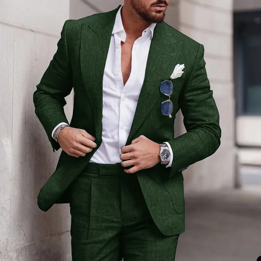 High Quality Linen Suits for Men 2 Piece Chic Peak Lapel Double One Button Male Suit Slim Fit Fashion Casual Wedding Tuxedo 2023