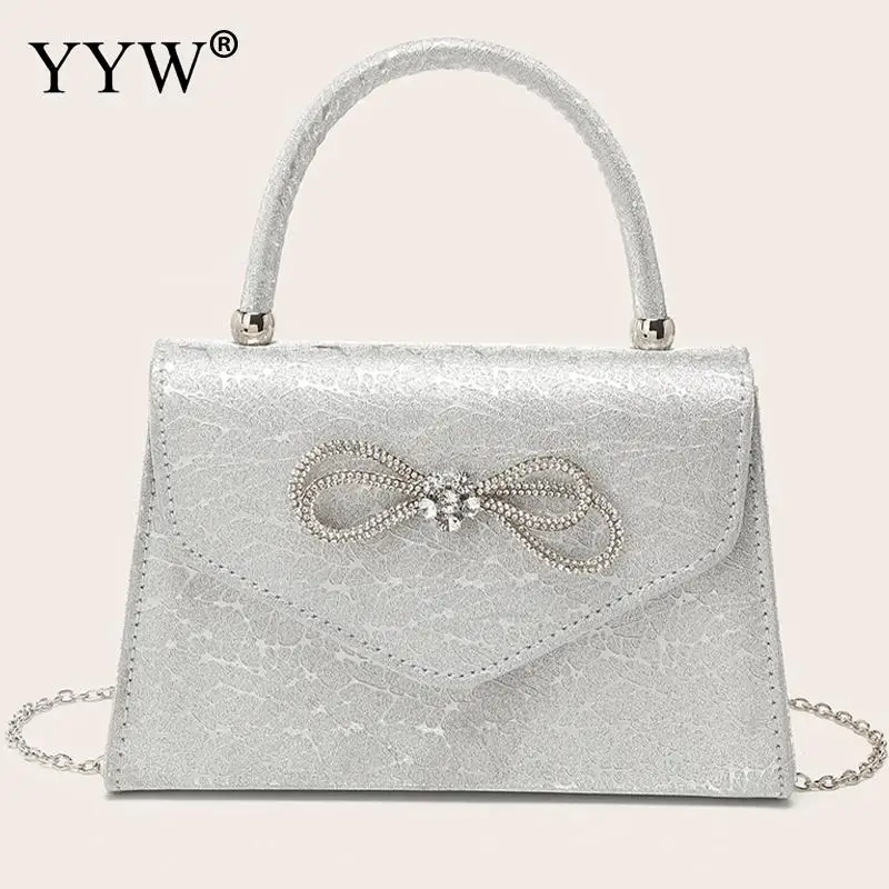 

Diamonds Bowknot PU Leather Clutch Handbag for Women Top Handle Square Mini Wedding Bridal Purse Crossbody Shoulder Chain Bags
