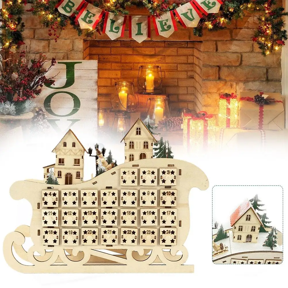 

Wooden 24 Countdown Christmas Calendar Creative Home Sled Calendar Wooden Ornaments LED Decorative Christmas F3A5