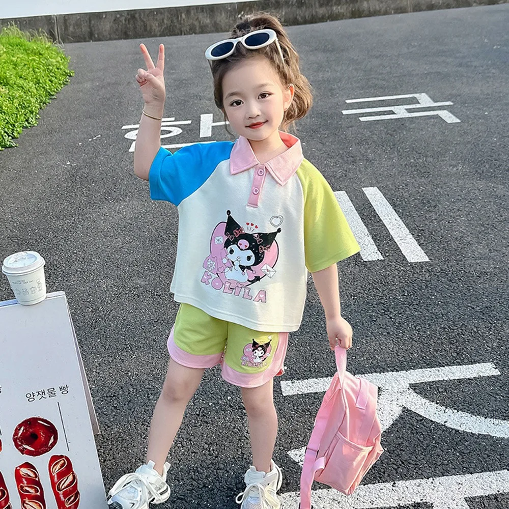 

Детский комплект спортивной одежды Sanrioed Kuromi, милые Мультяшные летние шорты с коротким рукавом для девочек, топы, футболка и штаны