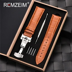 Premium Leather Watch Band with Stainless Steel Butterfly Clasp and Gift Box - 22mm (Light Brown - S)