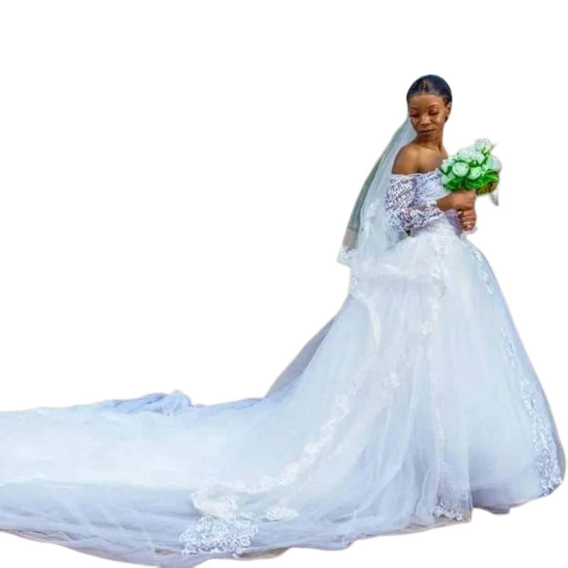 

Классическое Свадебное платье с открытыми плечами и длинным рукавом, свадебное платье с кружевной аппликацией и шлейфом, садовое Африканское свадебное платье