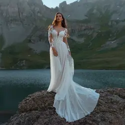Vestidos de casamento de manga comprida para mulheres, vestido oco na parte traseira, apliques de renda, vestido maxi, 2022