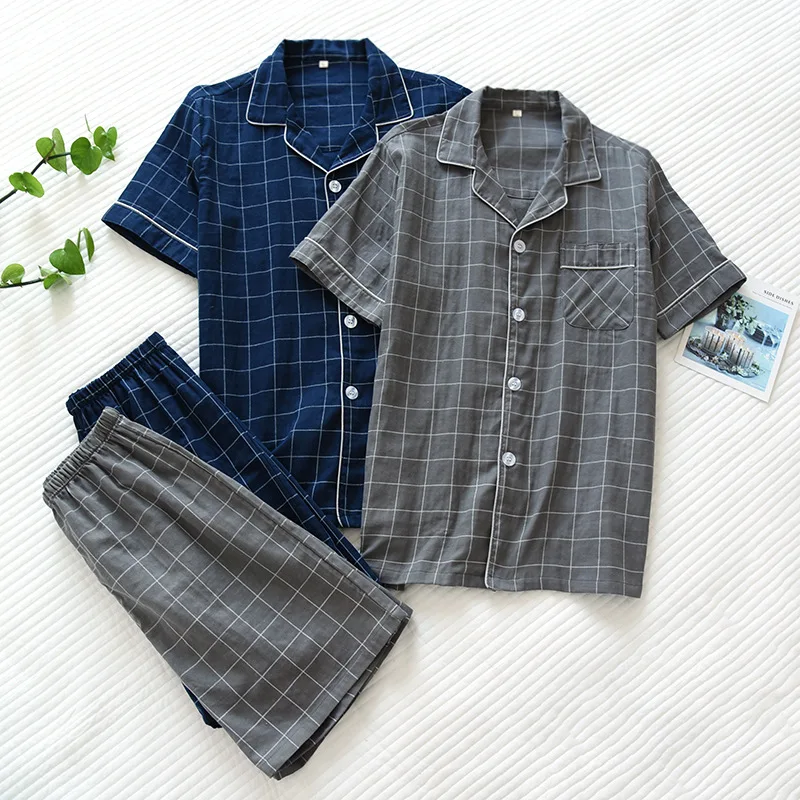 Summer men's pajamas two-piece cotton gauze short-sleeved shorts simple plaid loose casual breathable home service suit
