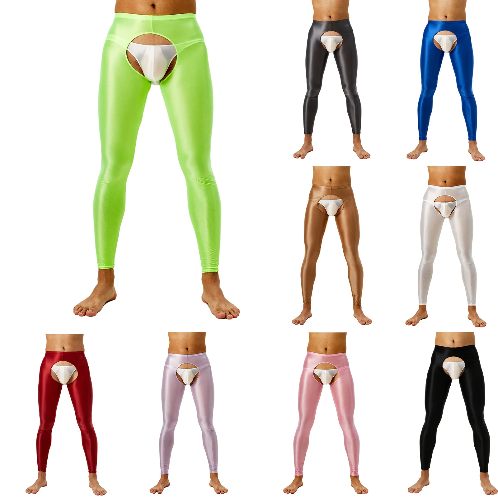 Mens Oil Glossy Open Crotch Leggings Pants Elastic High Waist Slim Fit Tights Trousers Underwear for Nightclub Dance Wear men leggings
