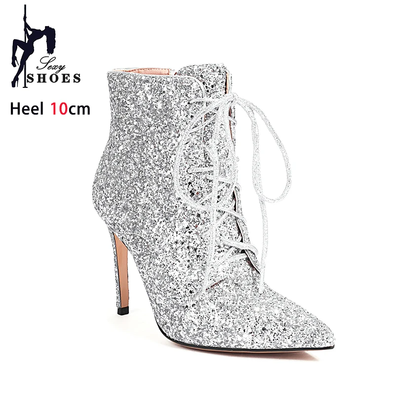 Women Banquet Ankle Boots Fashion Pointed Female Shoes Ladies Lace Up Stiletto Boots Large Size Sequined Cloth Winter High Heels