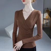 Autumn Winter 2024 New Cross V-Neck Long Sleeved Women's T-Shirt Solid Color Fold Elastic Mesh Tops Blusas 3