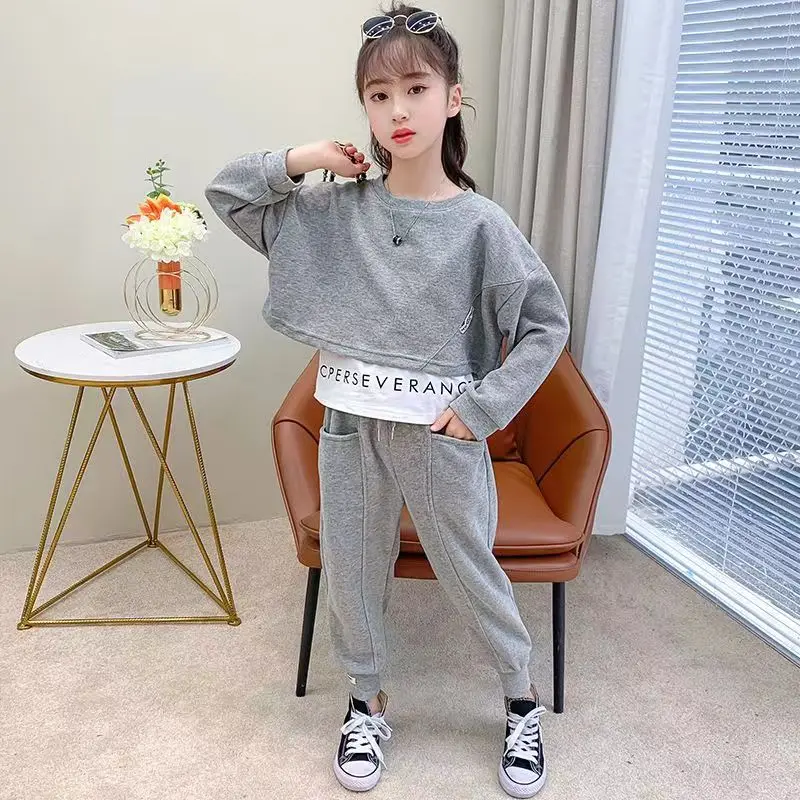 2025년 가을 10대 회색 여자아이 겨울 정장 옷 긴팔 상의 스웨트셔츠 + 발목 묶는 바지 6 7 8 9 10 11 12세 아동 세트