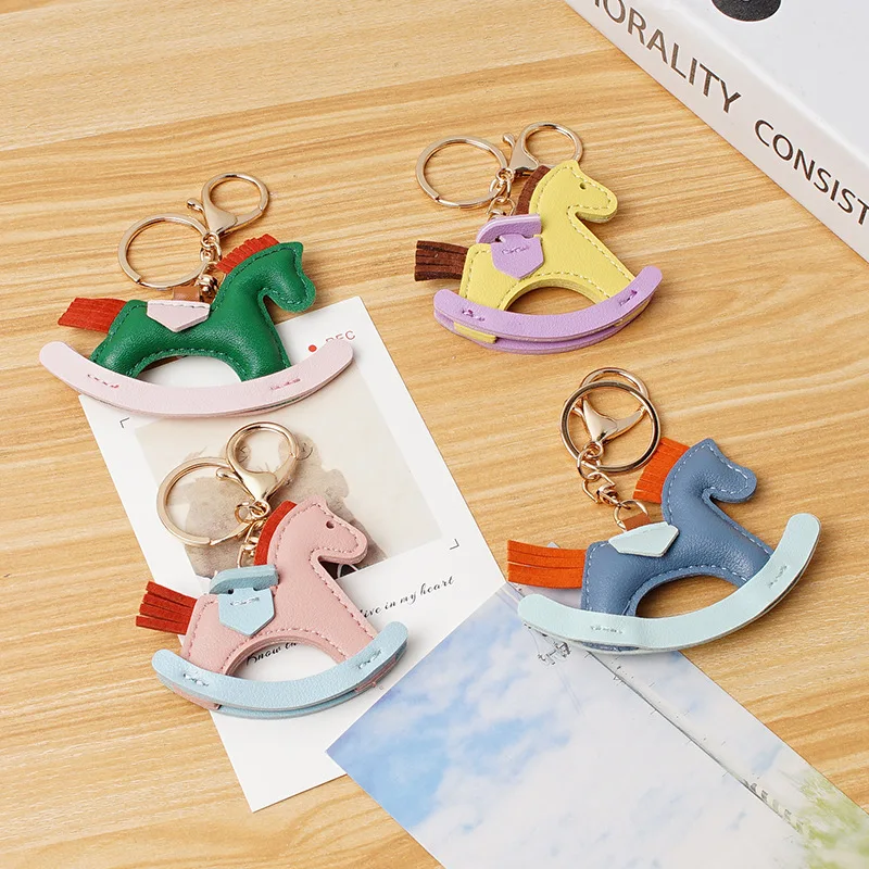 Elegant Leather Rocking Horse Keychain - Classic Cartoon Pony Charm