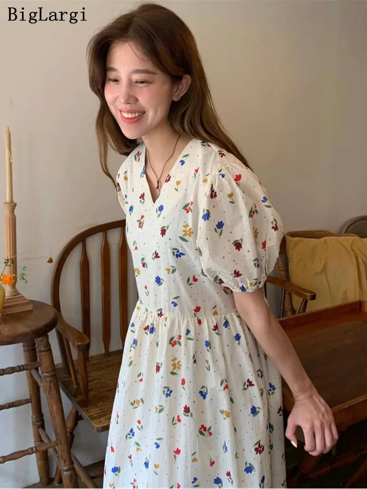 

Summer Print Floral Dress Women Korean V Neck Puff Sleeve Ladies Dresses Midi Cotton High Waist Woman Dress 2023 Vestidos
