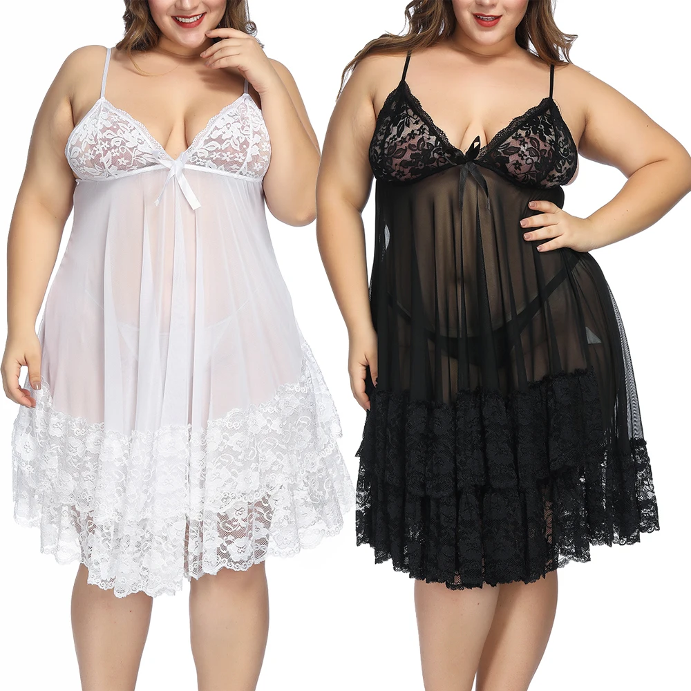

Plus Size M-6XL Women Sexy Lingerie Lace Mesh Sheer Sleepwear Sexy Erotic Babydolls Nightdress Fat MM Ladies Novelty Nightwear