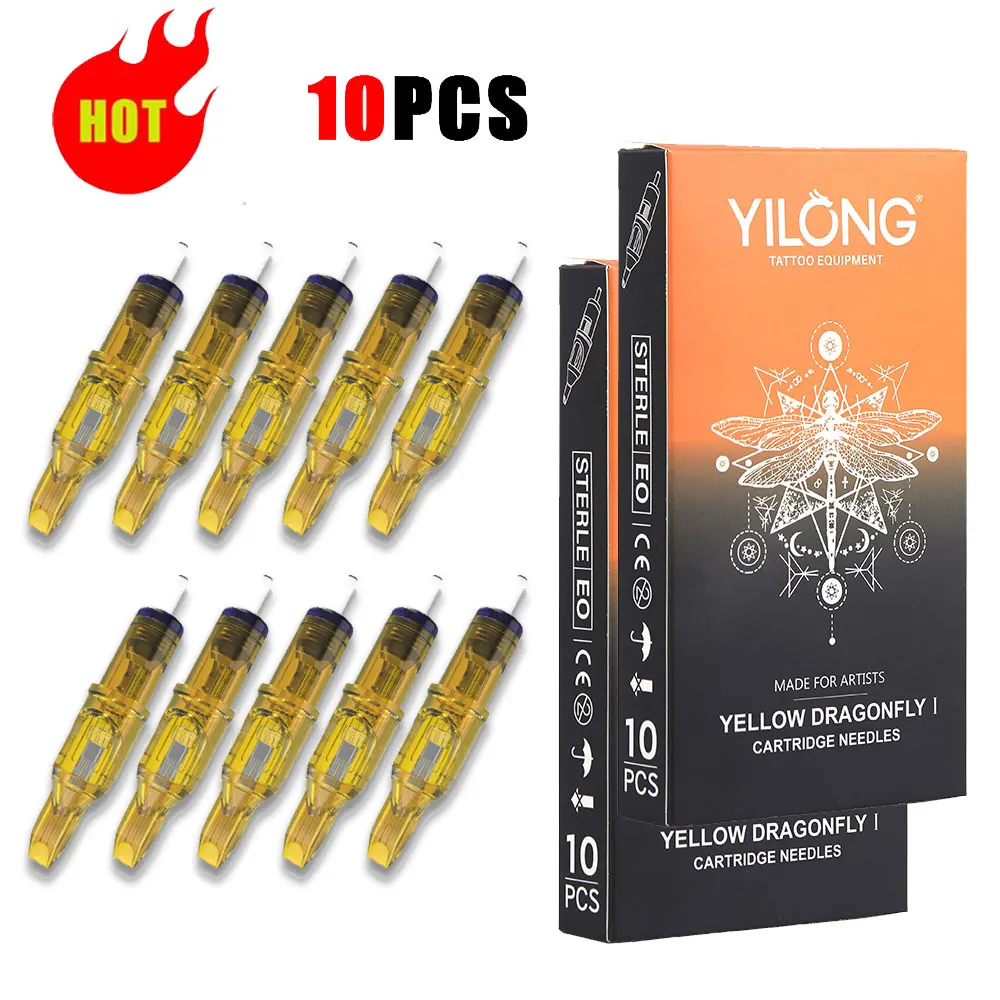 Tattoo Cartridge Needles Yellow Dragonfly Tattoo Cartridge Needle 1 3 5 7 9 11 13 14 15 RL RM RS M1 For Tattoo Machine Pen 10pcs