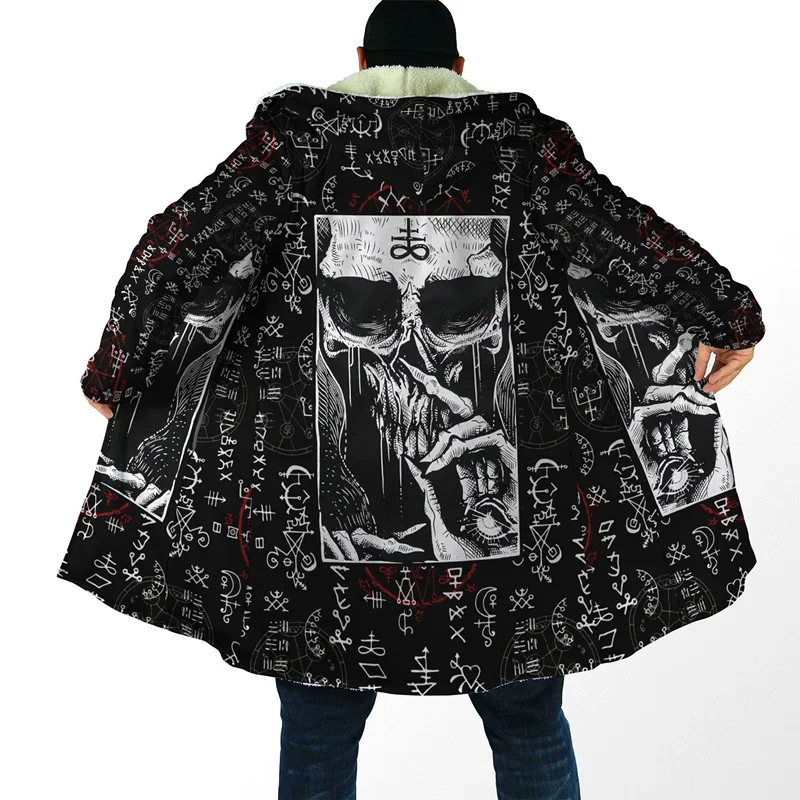 Men's Hooded Cloak Satan Demon Tattoo Skull 3D Printing Winter Fleece Trench Coat Unisex Casual Thicken Warm Hooded Cloak H008