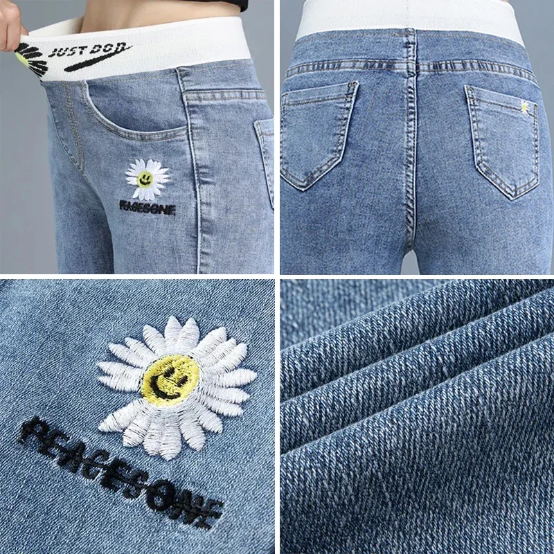New Casual High Waist Denim Pencil Pants Women Daisy Embroidery 82kg Oversized Skinny Vaqueros Fashion Patchwork Stretch Jeans