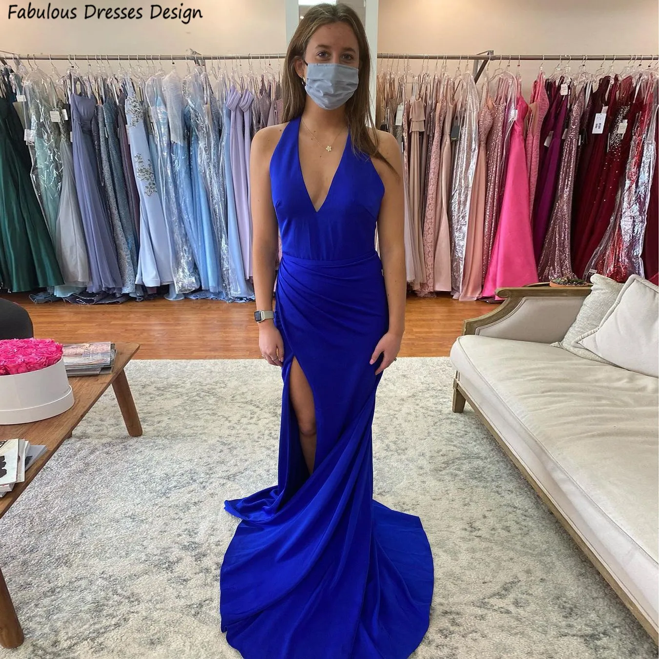 

Sexy Side Slit Prom Dresses Royal Blue Halter Long V-neck Mermaid Sweep Train Evening Dress Party Women Wedding Guest Gown