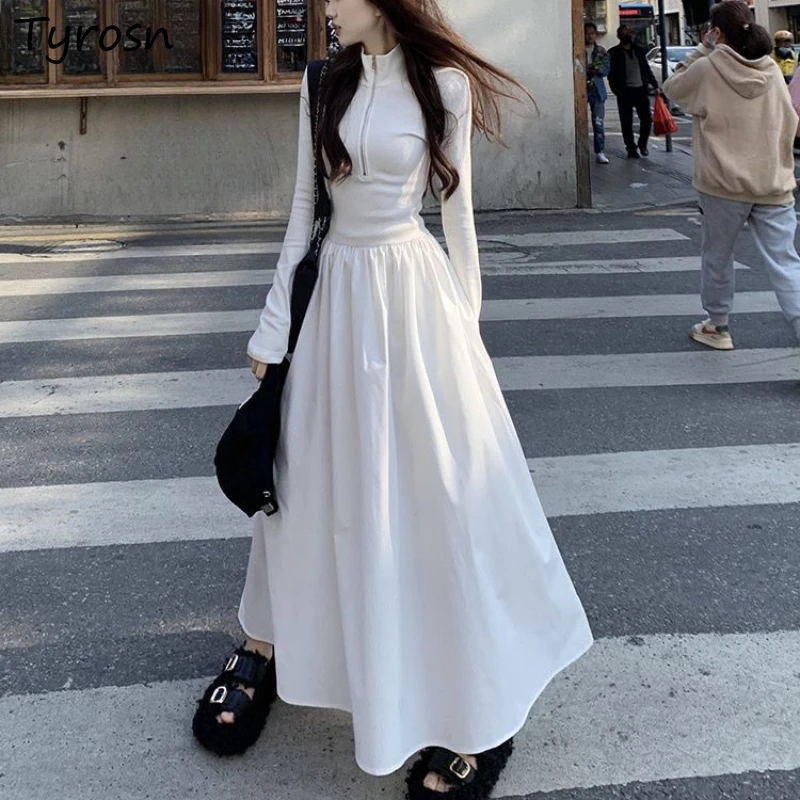 

Long Sleeve Dresses Women Big Swing Half-zip Waist Slimming Solid Sweet Cool Girls All-match Korean Trendy Casual Ins Spring Y2k