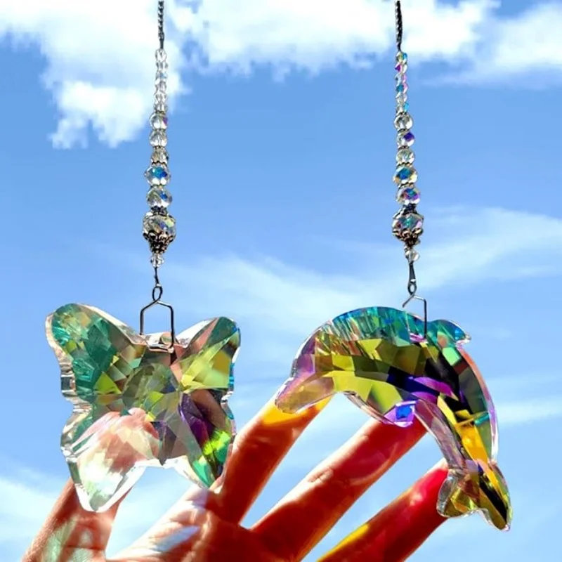 2 Pcs Butterfly Dolphin Crystal Suncatcher Prism Sun Catchers for Window Garden Indoor Outdoor Decor Home Christmas Decorations