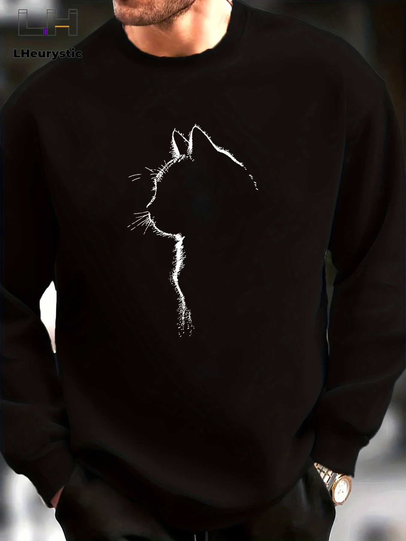 Men's autumn and winter fashionable casual loose cat graphic printed long sleeved round neck sweatshirt