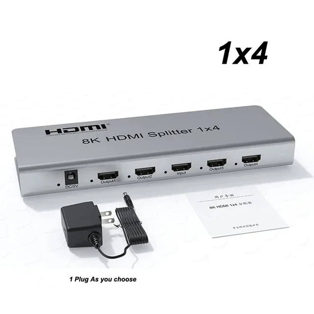 8K 60HZ HDMI Splitter 1X4, 1X4 Splitter HDR HDMI 2.1 Video Splitter 1 in 2 Out 4K 120Hz HDCP 2.3 RS232 EDID voor PS5 Xbox PC TV (1X4