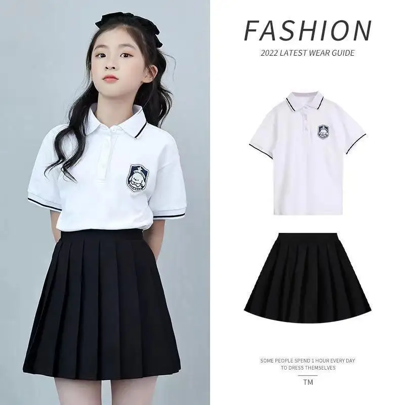 

Girls Summer Jk Uniform Suits Children White Polo Shirt Short Sleeve+Black Pleated Skirt 2Pcs Set Junior Loungewear Kids Clothes