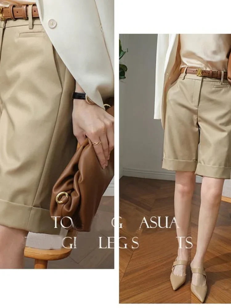 Shorts for Women High Waist Knee Length Straight Pants with Belt Summer Shorts for Women White Office Fashion Women's Shorts