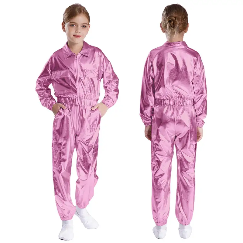 Kids Boys Girls Jazz Hip-Hop Street Dance Performance Costume Metallic Shiny Long Sleeve Athletic Jacket Coat with Pants Outfits - Image 10