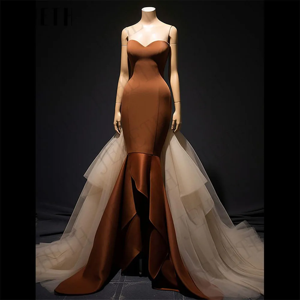 

JEHETH Burnt Orange Strapless Satin Evening Dress Mermaid Detachable Train Sweetheart Neck Prom Party Gown Formal فساتين السهرة