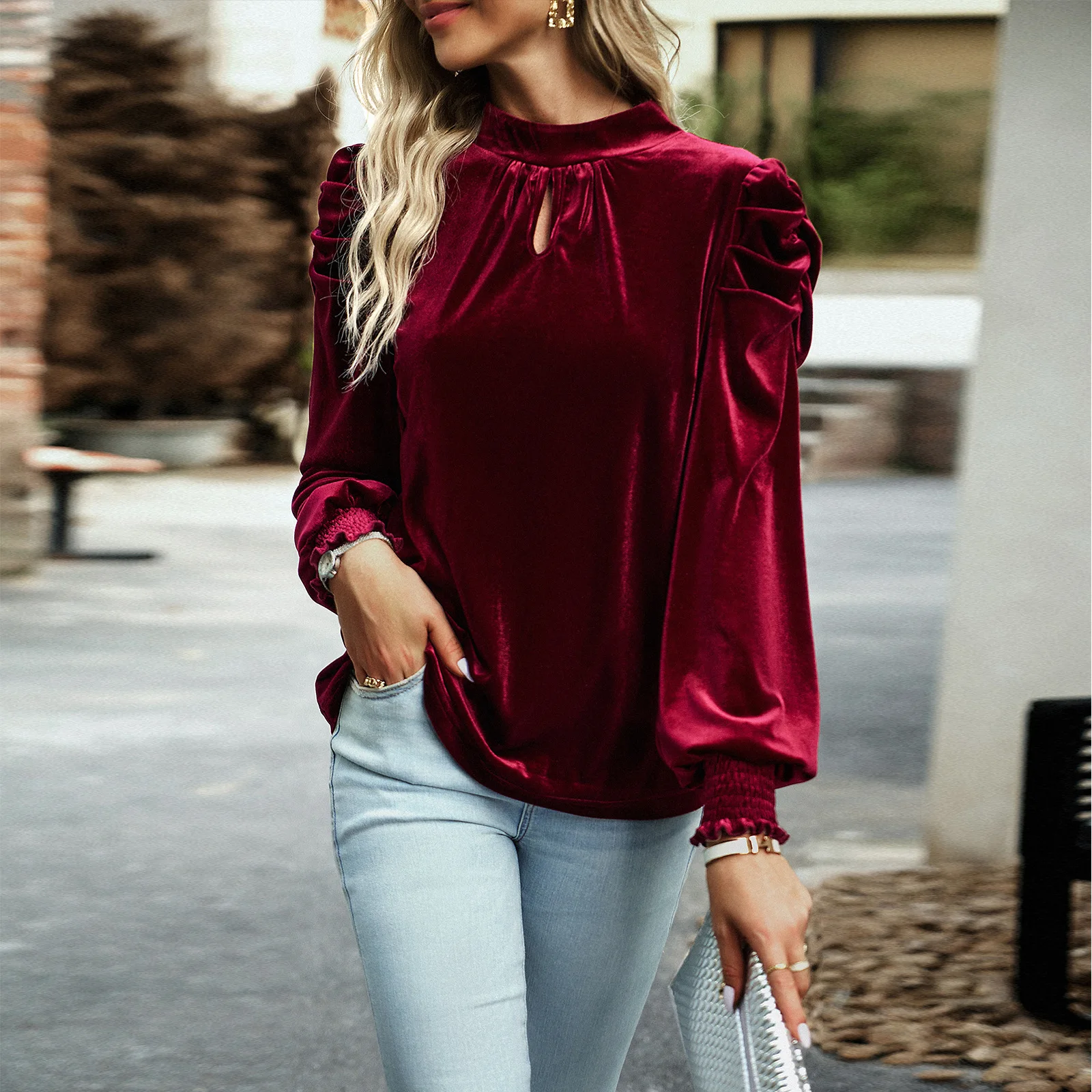 YEAE Velvet Long Sleeve Blouse Shirt Round Neck Bow Tie Bubble Sleeve Velvet Women's Blouse Velvet Blouse Elegant Commuter New