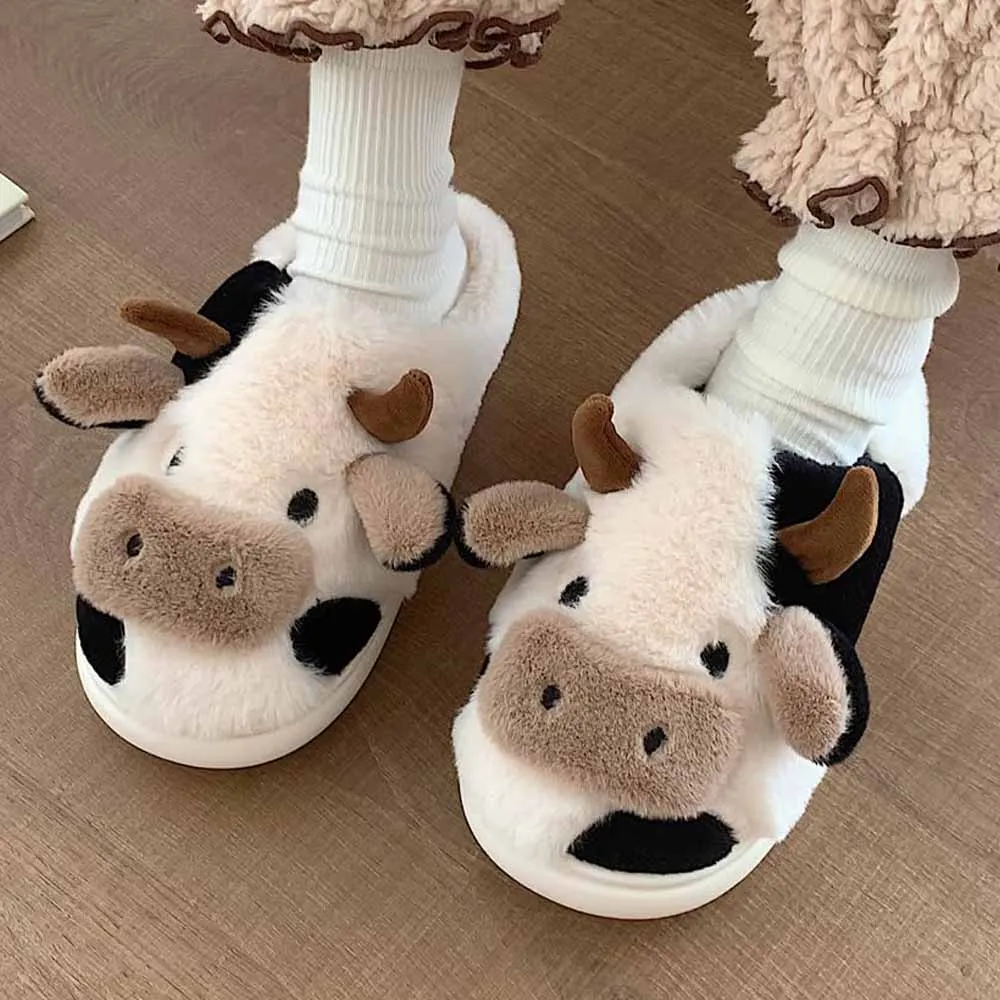Shevalues Plush Cartoon Milk Cow Slippers Winter Women Slippers Furry Non-Slips Women Cotton Slides Couples Soft Cozy Flat Shoes