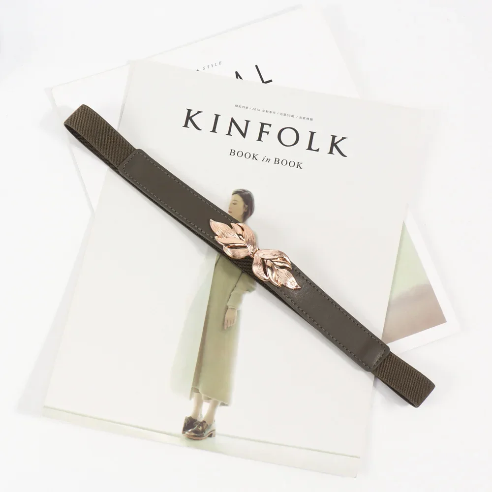 Fashion Leaf Thin Belt Stretch Dress Belt Women Fashion Waist Thin Buckle Waistband for Ladies Belt Decoration Narrow