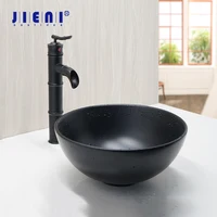 JIENI Black & White Ceramic Washbasin Vessel Lavatory Basin Bathroom Sink Bath Combine Deck Mounted Brass Faucet Mixers & Taps 1