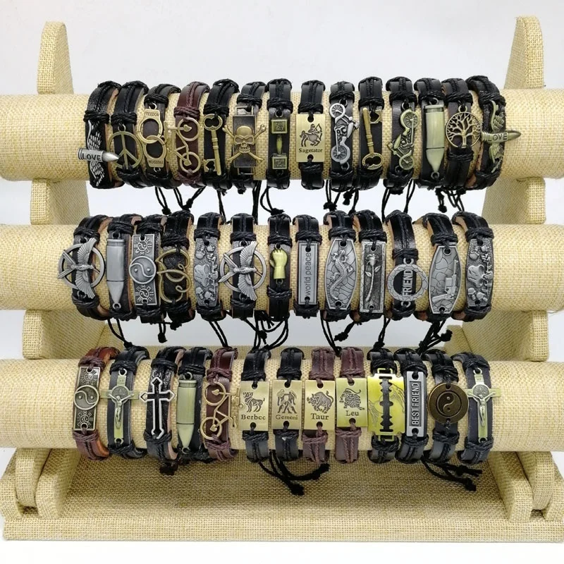 Vintage Cuff Bracelets Men and Women Leather Bangle Metal Handmade Retro Weave Mixed Charm Jewelry Gift 10pcs/Lot