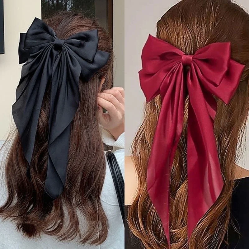 Elegant Bow Ribbon Hair Clip Fashion Simple Solid Satin Clip Hair Pin Retro Headband with Clips Girls Hair Accessories