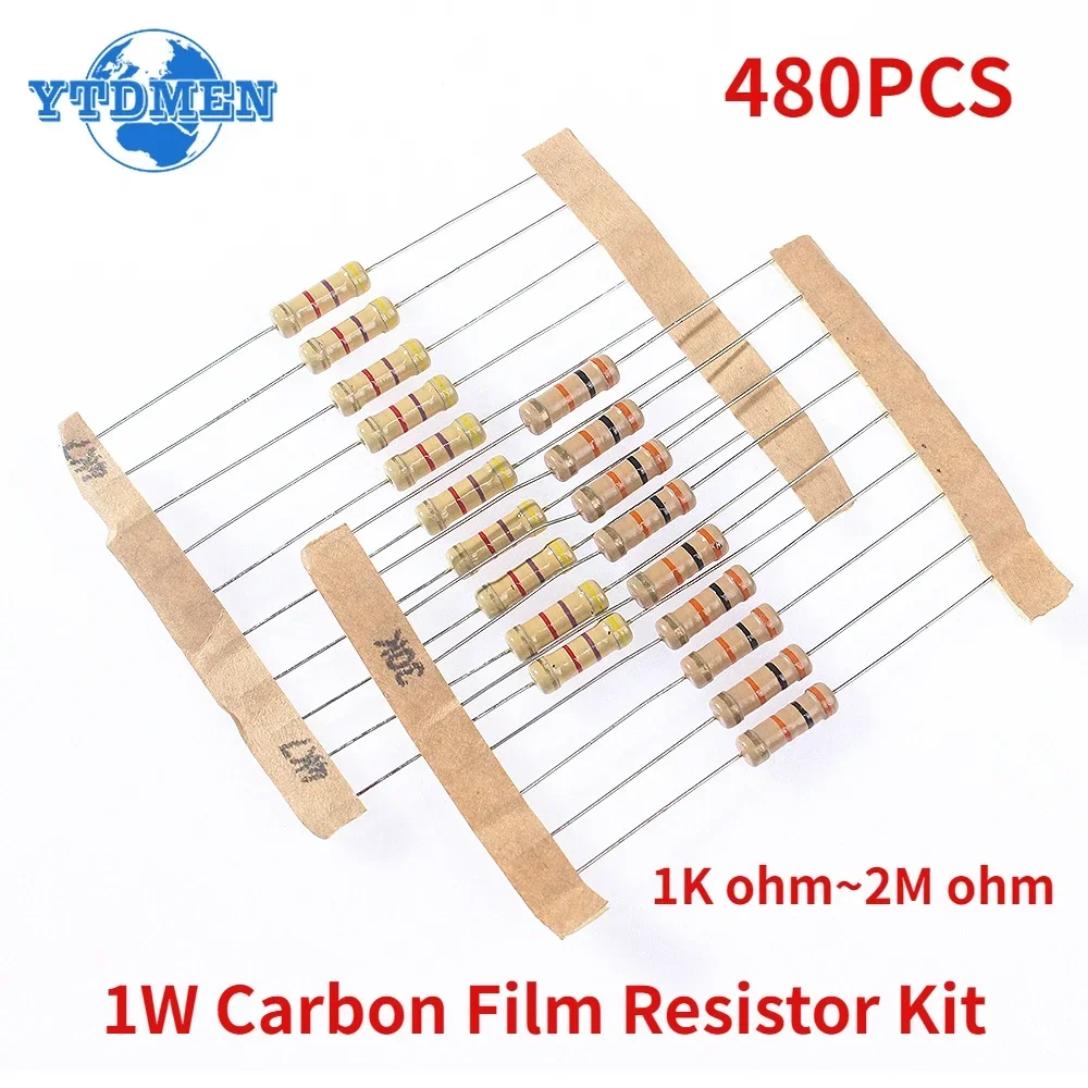 480PCS 48Values Resistor Kit 1K ~2M Ω with 5% 1W Carbon Film Resistors Assortment Electronic Color Ring Resistance Assorted Kit