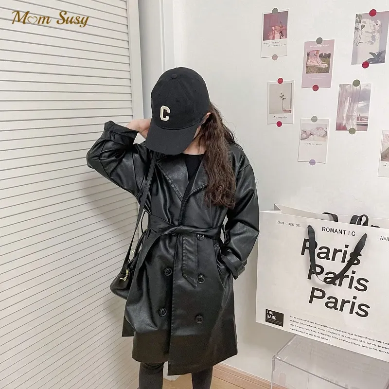 Fashion Baby Girl Boy PU Leather Trench Jacket Toddler Teens
