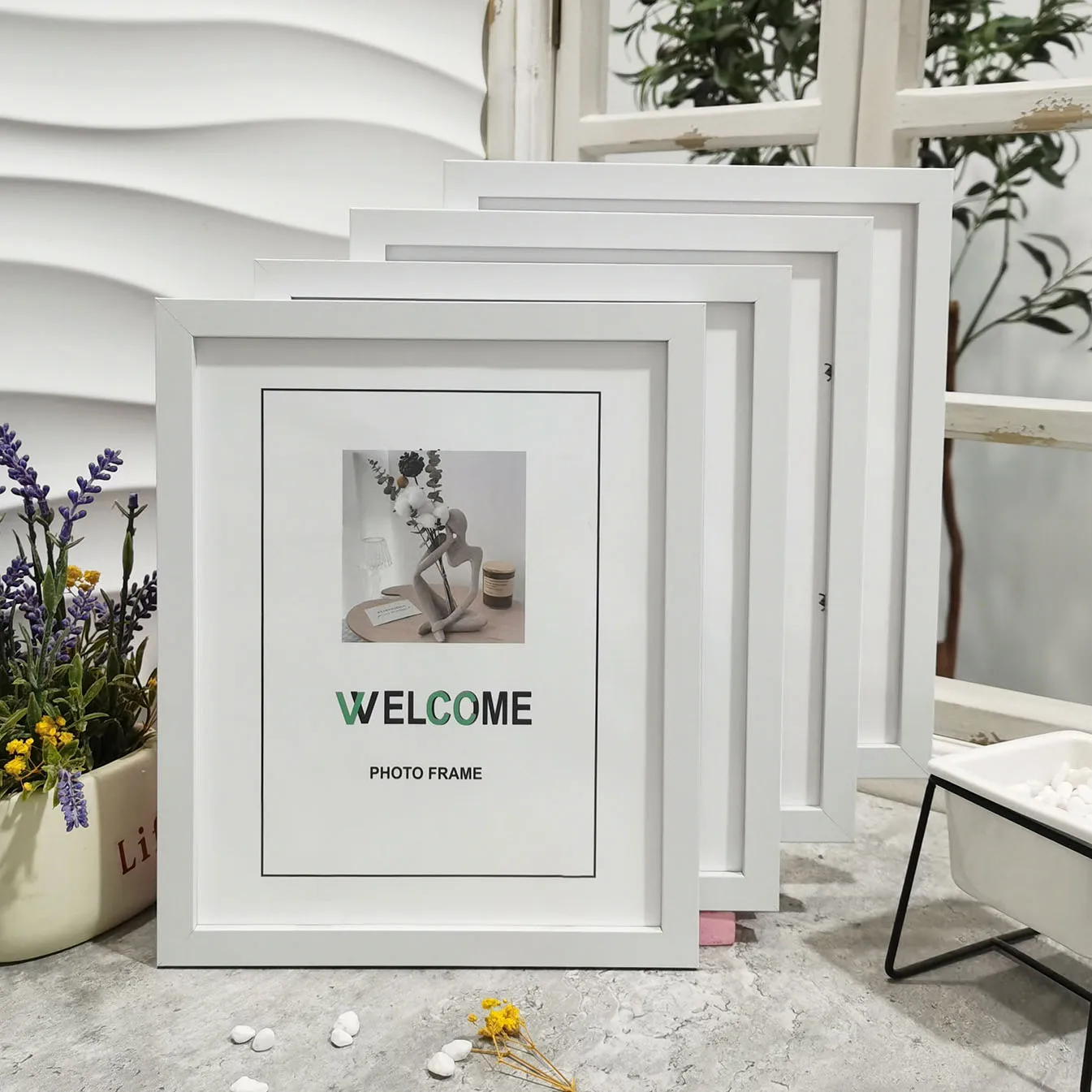 Conjunto de molduras de fotos de madeira, 4 peças, exibição clássica de parede/mesa, cores naturais/brancas/pretas para decoração de casa, presentes, presente comemorativo