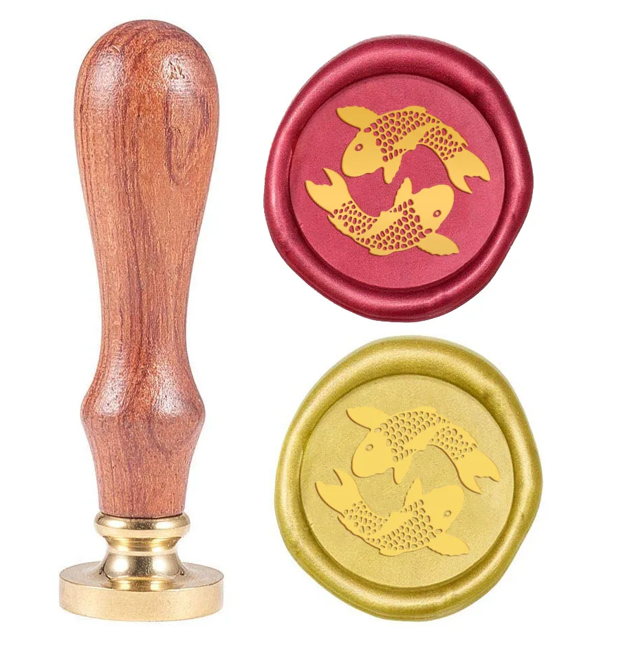 

1PC Wax Seal Stamp Koi Fish Pattern Vintage Seal Stamp Retro Removable Brass Head 25mm Wooden Handle Seal Stamp for Greeting