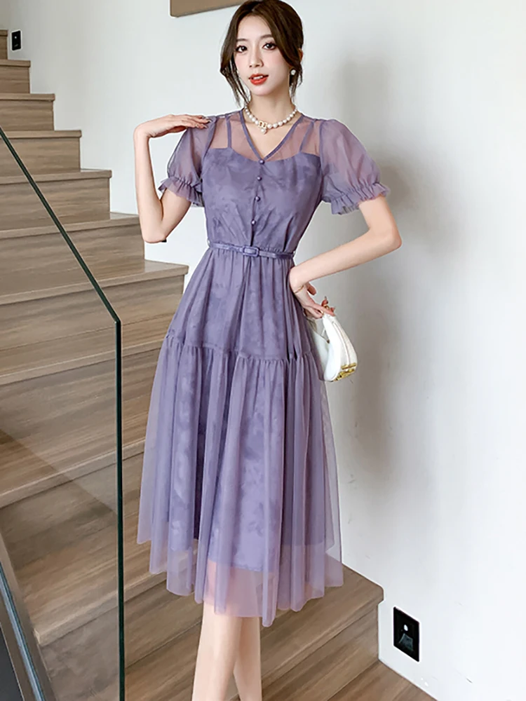 

Summer Purple Mesh Puff Sleeve Sheer V-Neck Sexy Long Dress Women Elegant Casual Bandage Dress 2023 Korean Bodycon Evening Dress