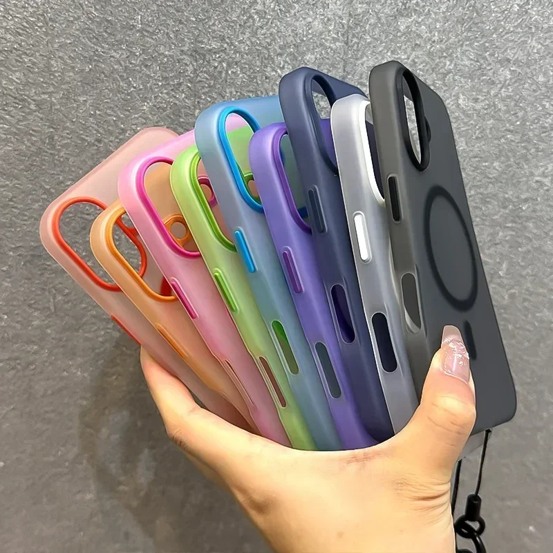 For Magsafe Candy Color Contrast Lanyard Case For iPhone 16 15 17 Pro Max 14 Plus 11 12 13 16e Hand Wrist Strap Matte Soft Cover 6