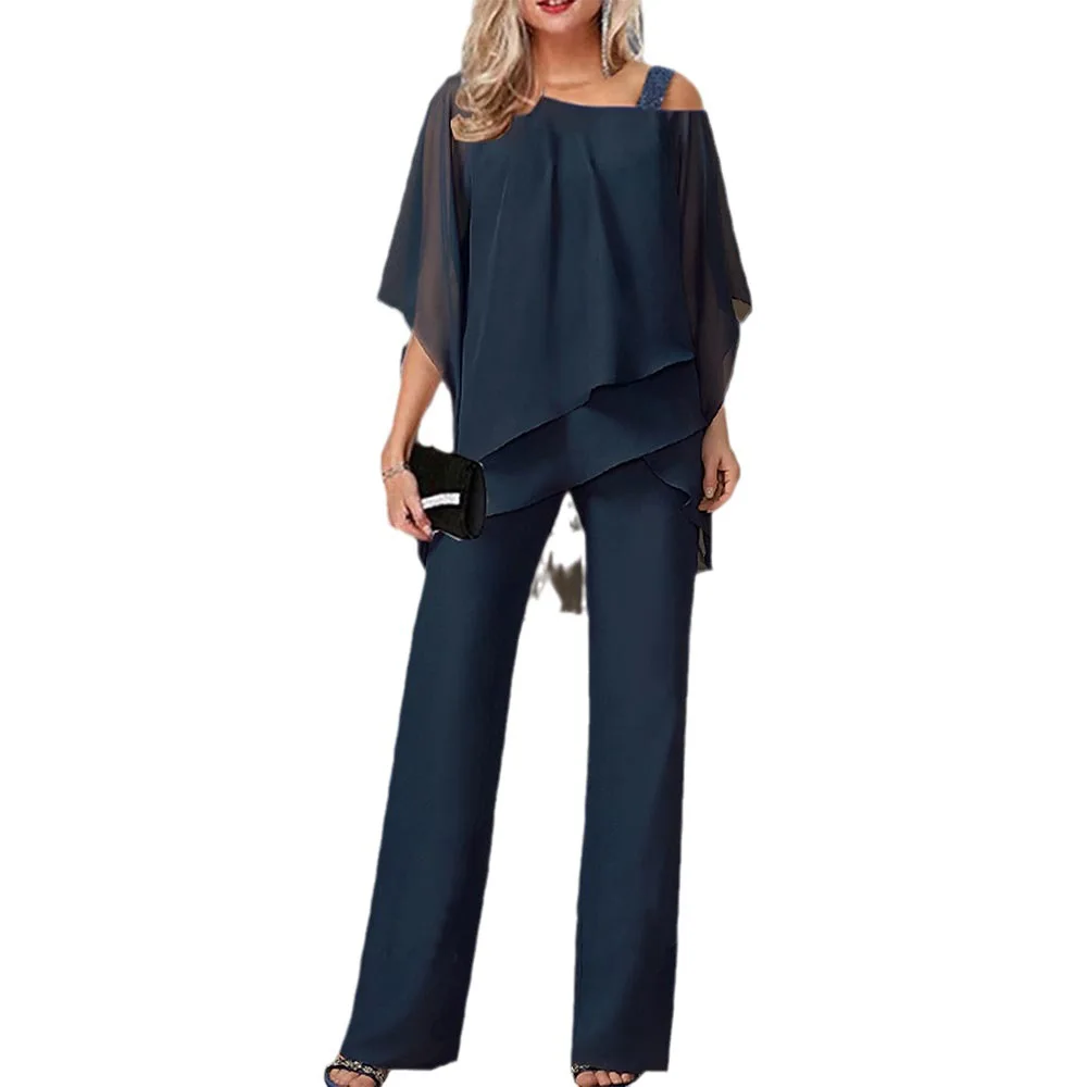 Women Two Piece Off Shoulder Blouse and Wide Leg Pants Set