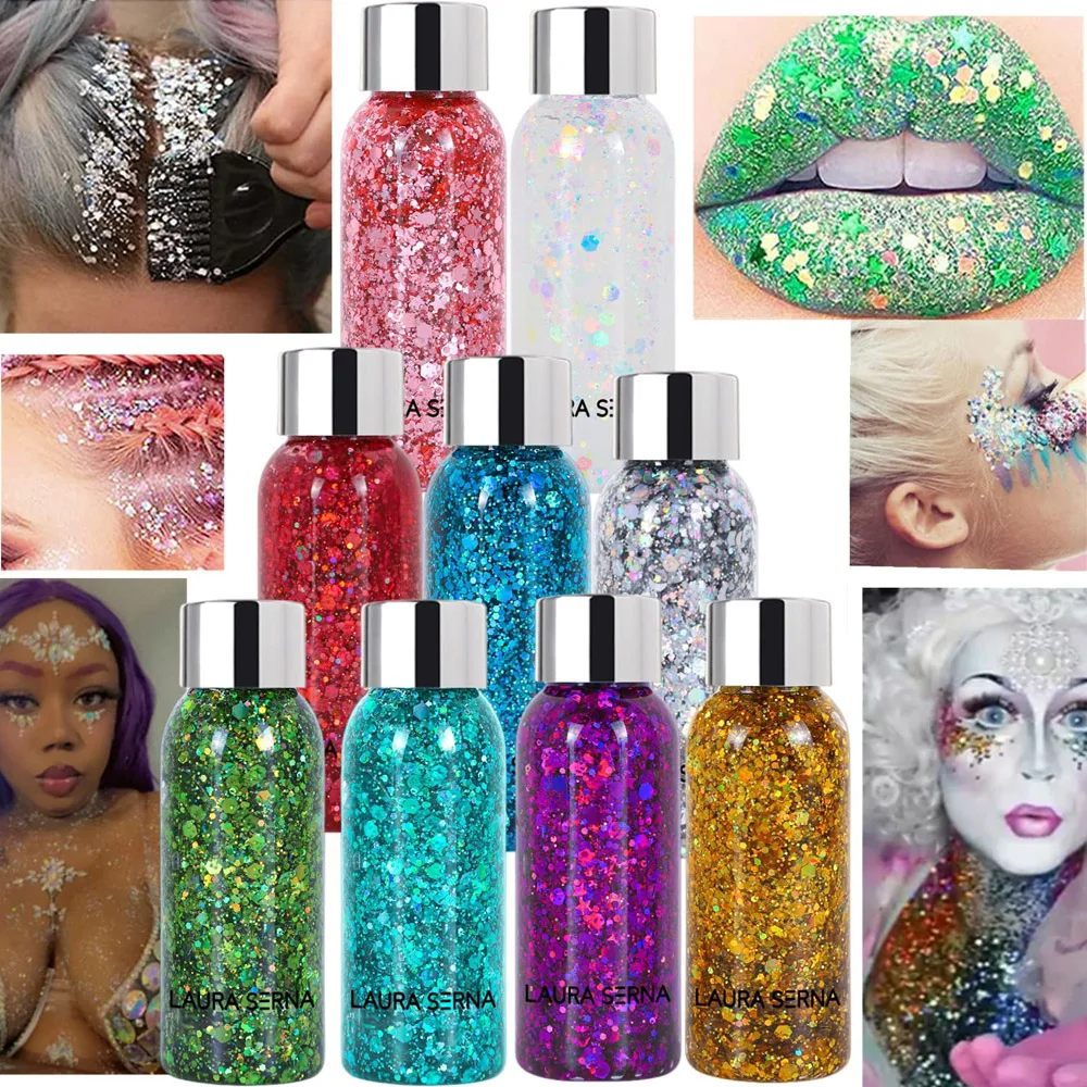 Festival Body Glitter Gel Face Eye Glitter Eyeshadow Holographic Cosmetic Laser Powder Chunky Nails Hair Glitter Bar Makeup 4
