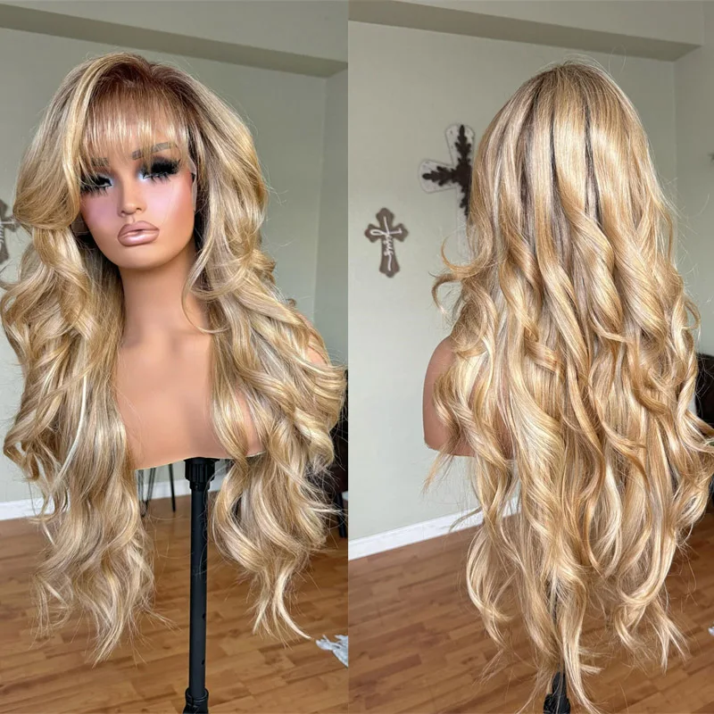 Light Honey Blonde with Icy Highlights Lace Part Wig with Bangs Synthetic Lace Front Wig for Women