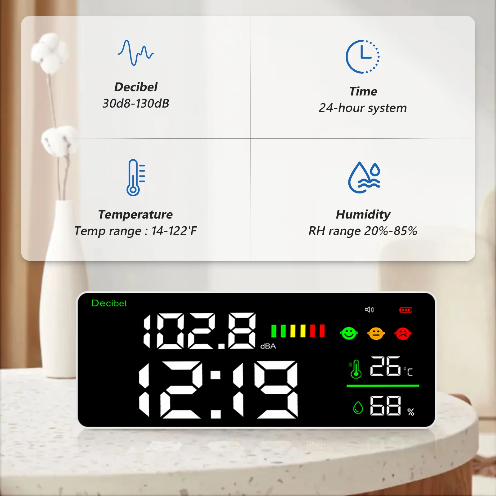 4-in-1 Digital Decibel Meter Wall Hanging Sound Level Noise Meter 30-130dB Range 11 Inch Large LED Display Multi-function 2