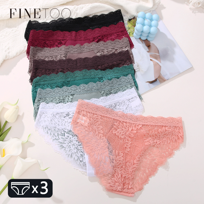 FINETOO 3Pcs Lace Floral Underwear Women Sexy Hollow Out Solid Breathable Female Low-Waist Solid Briefs Girls Sports Lingerie