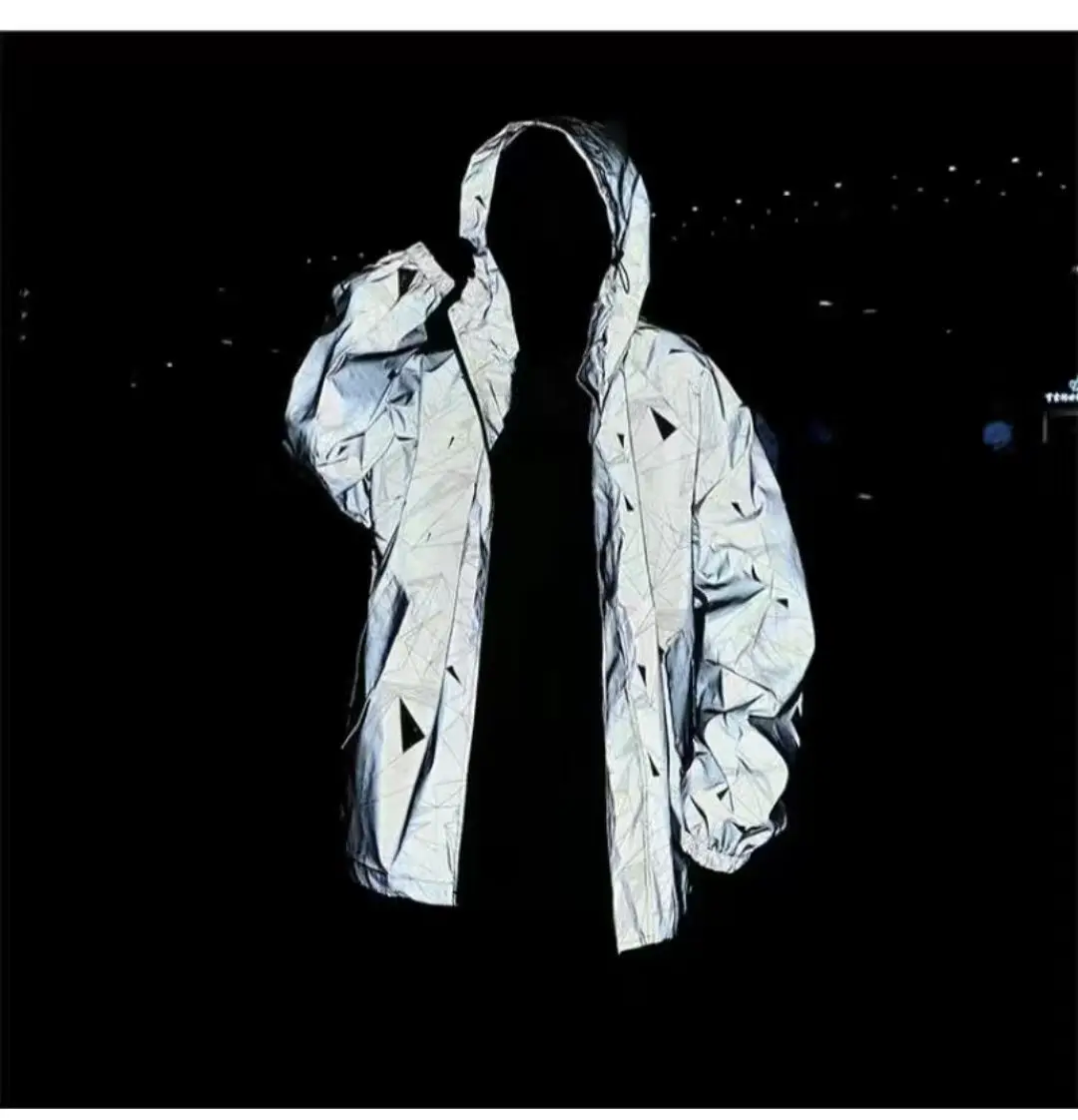 Reflective clothing trend, fashionable and handsome street jacket, men's non breathable motorcycle jacket, warm and waterproof