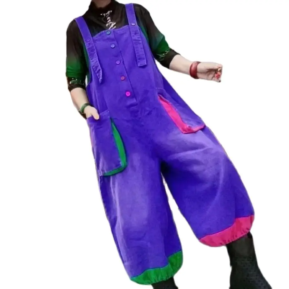 

Denim Overalls Women Loose Color Contrast Large Pockets Wide Leg Buttoned Suspender Trousers European Fashion Style Jumpsuit