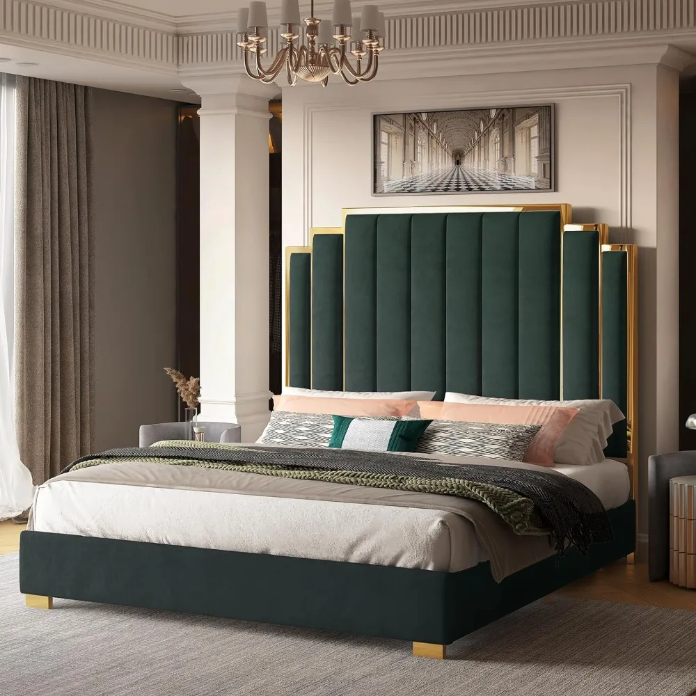 Bed Frame, 61.4" Velvet Upholstered Bed with Gold Accent Headboard, Wood Slats, Queen Platform Bed